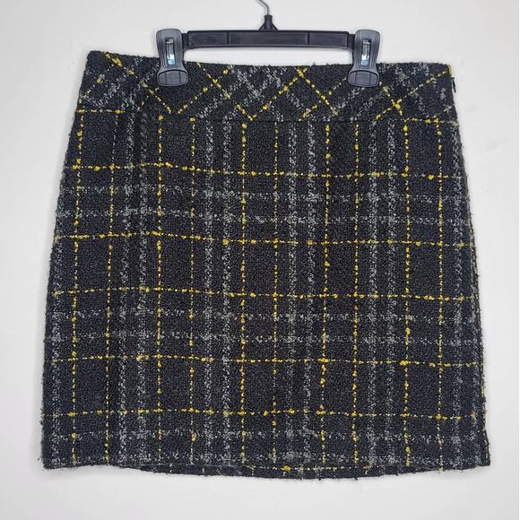 Ann Taylor Loft black grey yellow plaid boucle skirt - 10 petite / 10P - Picture 3 of 6